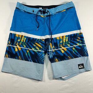 Quiksilver Mens Board Shorts Size 32 Blue Tropical Palm Leaf Print Swim Trunks